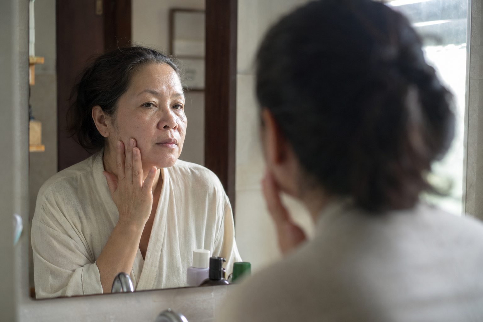 Woman examining her skin in a mirror by a window